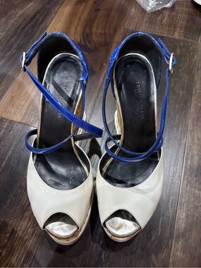 Philipp Plein White Peep-Toe Heels with Blue Ankle Straps